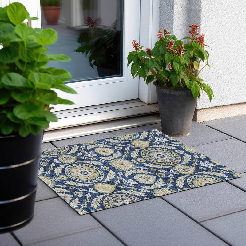 Machine Washable Indoor/ Outdoor Chantille Suzani Boho Rug - Navy - 1'8" x 2'6"