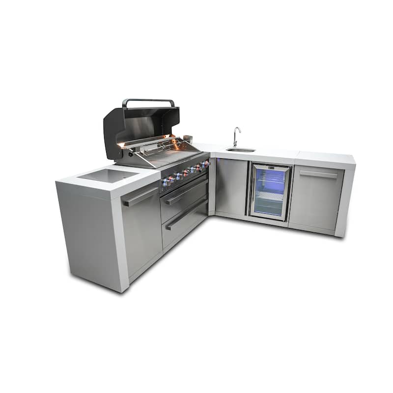 Mont Alpi MAi805-D90BEV 6-Burner L-Shaped 90° Corner Deluxe Stainless Steel Outdoor Kitchen Island Grill with Beverage Center