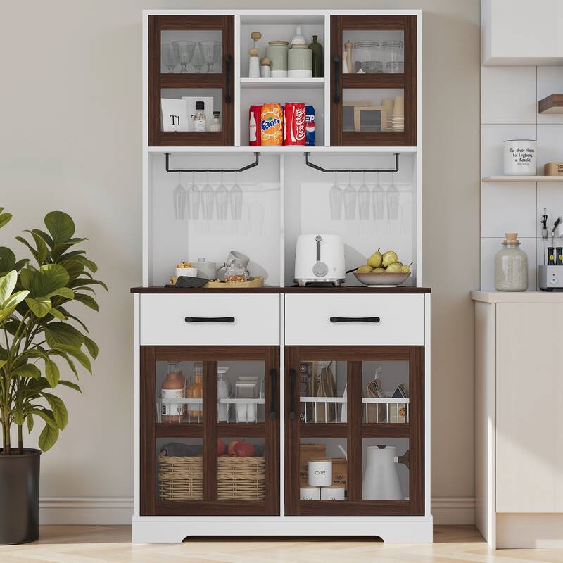 Pocassy Kitchen Pantry Cabinet with Power Outlet for Dinning Room - White