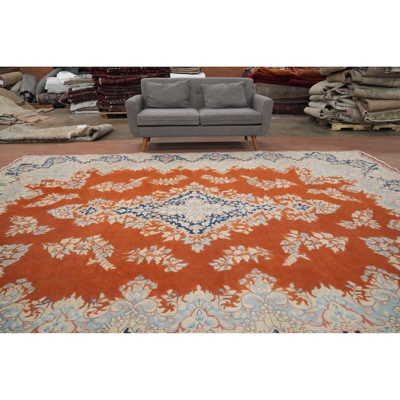 Hand Knotted Oriental 100% Wool Carpet Traditional Floral Oranges & Rust Kerman Area Rug - 13' 4'' X 9' 11''
