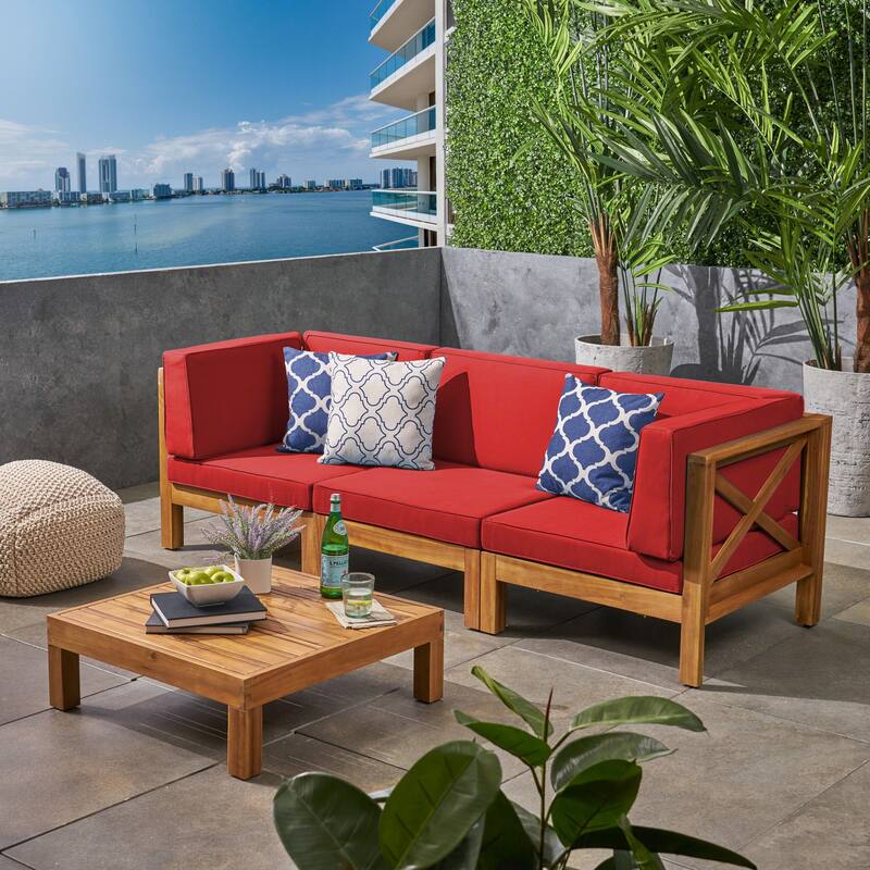 Brava Outdoor 3-Seater Acacia Wood Sectional Sofa Set with Coffee Table and Cushions by Christopher Knight Home
