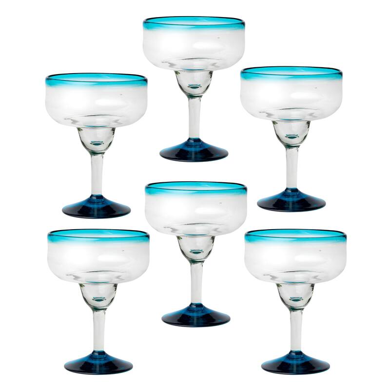 10 Strawberry Street Aqua Rim Handblown Mexican Glassware, Set of 6