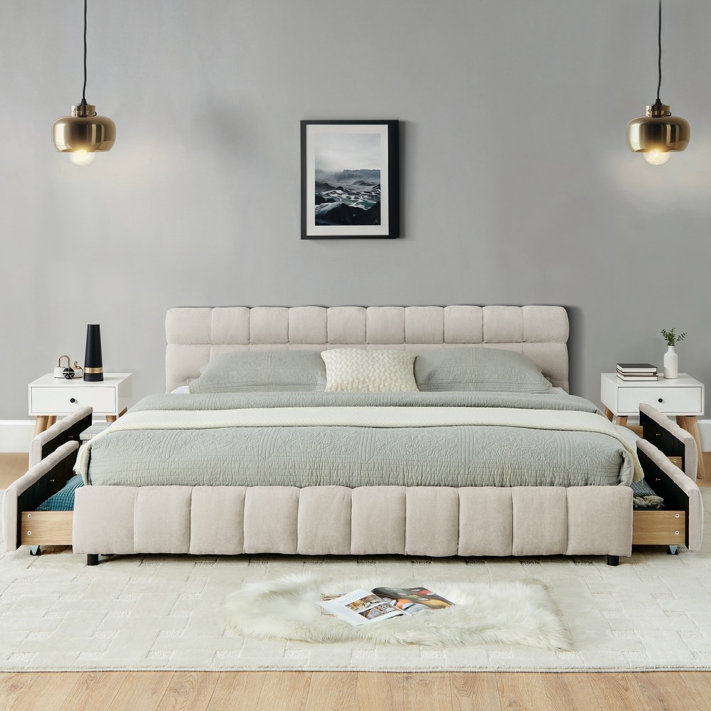 California King Size Bed Frame with 4 Storage Drawers and Headboard Chenille Upholstered Platform Bed Frame with Wooden Slats