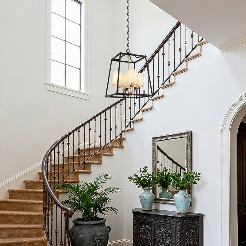 Modern Farmhouse 4-Light Black Gold Geometric Chandelier Metal Pendant Lights with Fabric Shades - 14 "