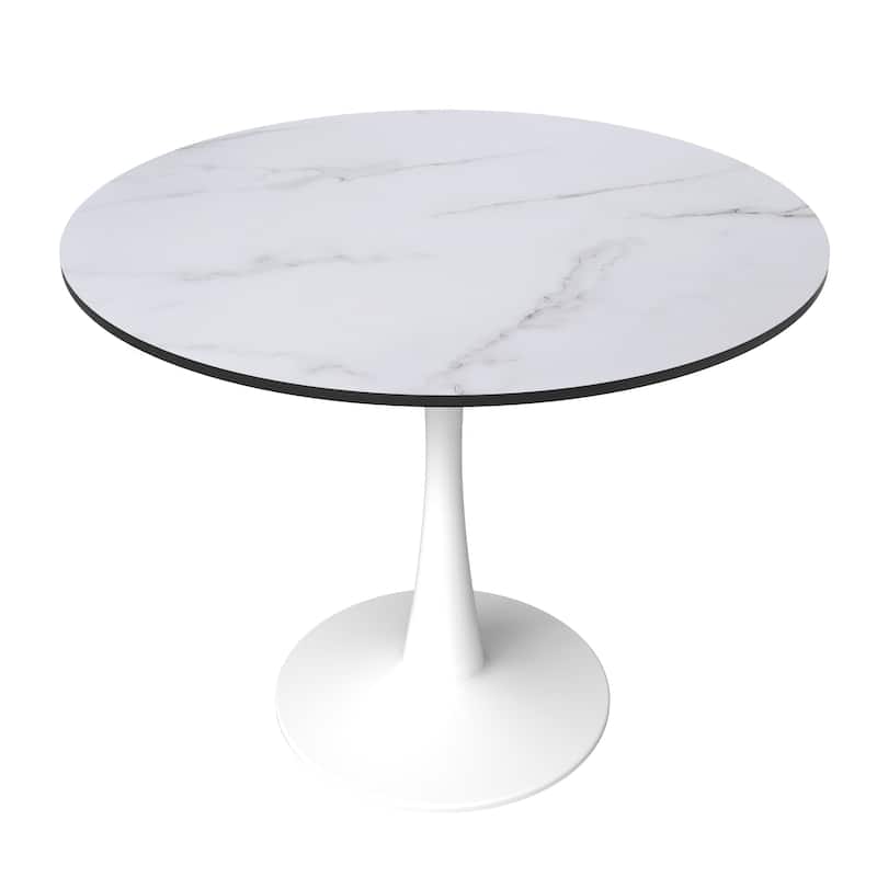 Bristol 35" Round Dining Table with Modern Glass, MDF or Sintered Stone - Sturdy Steel Pedestal Base for Kitchen, Dining, Cafe - MDF - Marbled White