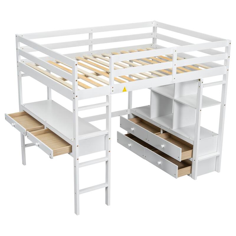 Full Size Loft Bed with Built-in Desk, Drawers, and Storage Shelves, White