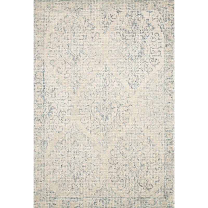 Alexander Home Nile Medallion Damask 100% Wool Hand Hooked Rug - 3'6" x 5'6" - Natural/Sky - Rectangle