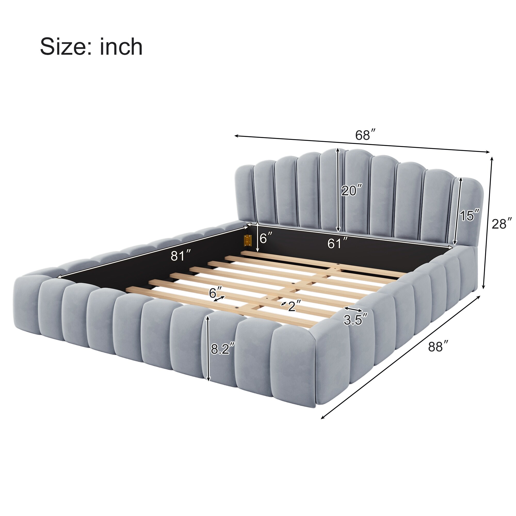 Roomfitters Velvet Queen Bed Frame with Shell Headboard
