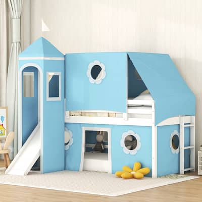 Kids Loft Bed Bed Castle-Shaped Bunk Bed with Slide and Safety Guardrail, Playhouse Bed with Tent & Tower Decor for Kids