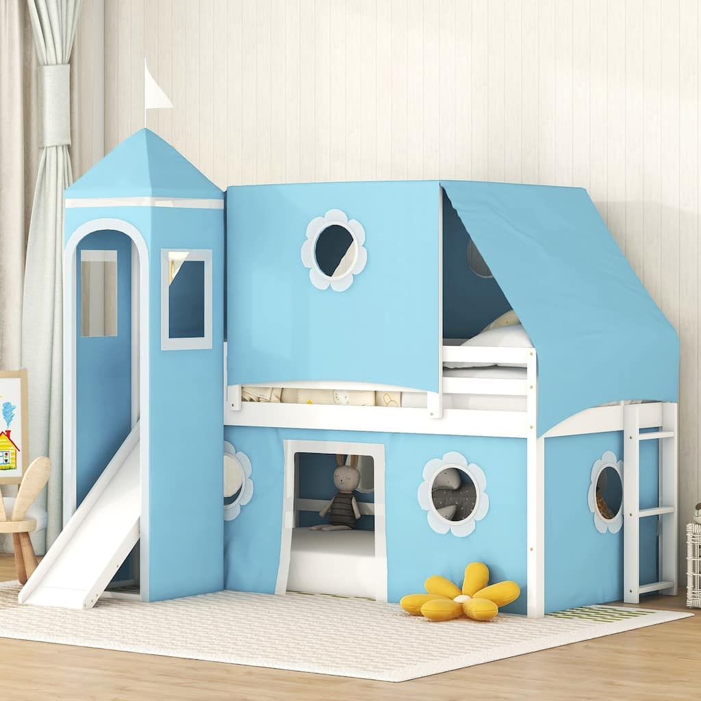 Kids Loft Bed Bed Castle-Shaped Bunk Bed with Slide and Safety Guardrail, Playhouse Bed with Tent & Tower Decor for Kids