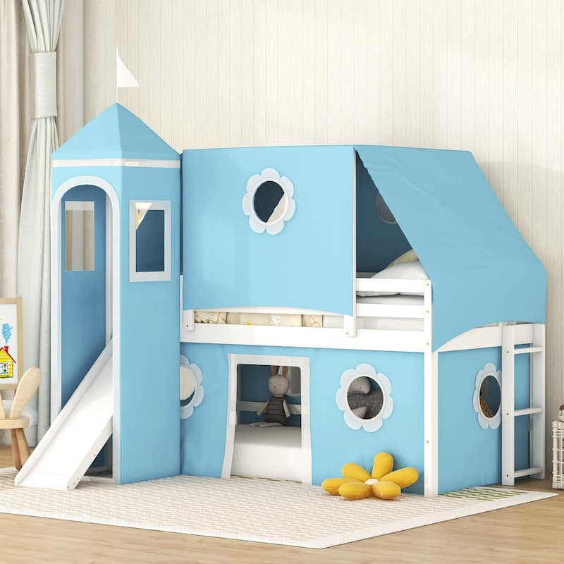 Twin Playhouse Loft Bed with Bed Tent and Semi-enclosed Underbed Space