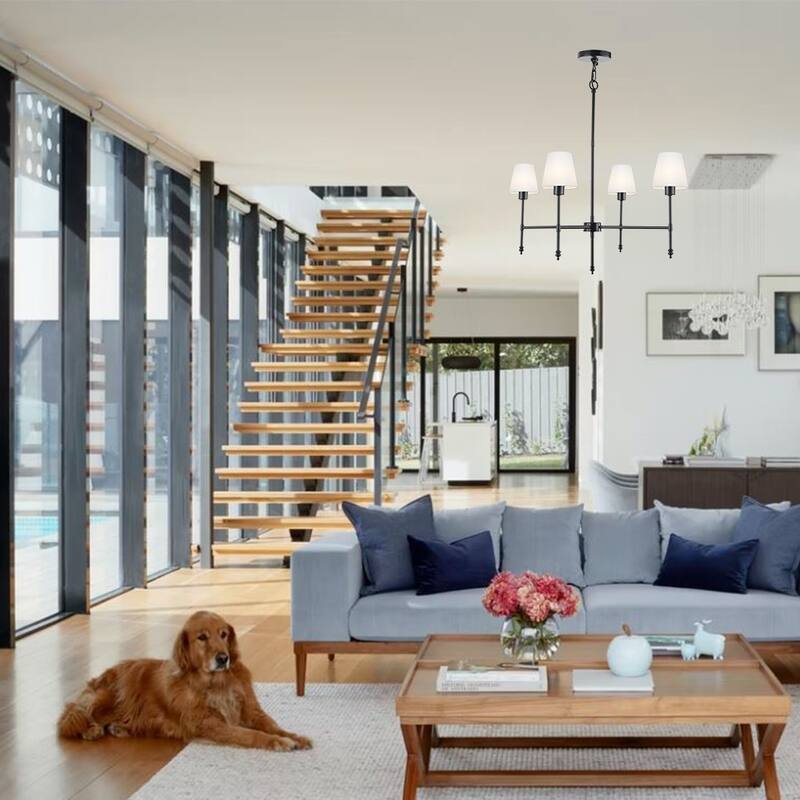 Brava 4 light Iron Frame Chandelier in Matte Black with Linen shade - 28.3"H x 26.3"W x 26.3"D