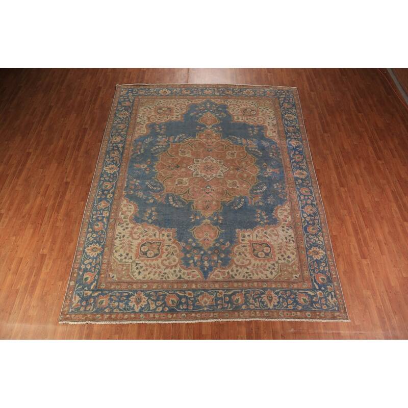 Floral Medallion Tabriz Persian Area Rug Blue Handmade Wool Carpet - 9'5"x 12'5"
