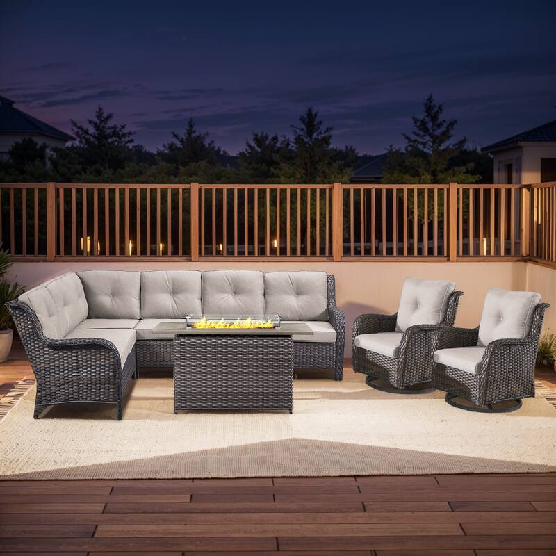 Outdoor 2 Sectional Sofa with Fire Pit Table Set - Sectional Sofa with Rectangular Fire Table - Brown Rattan - Beige Cushion