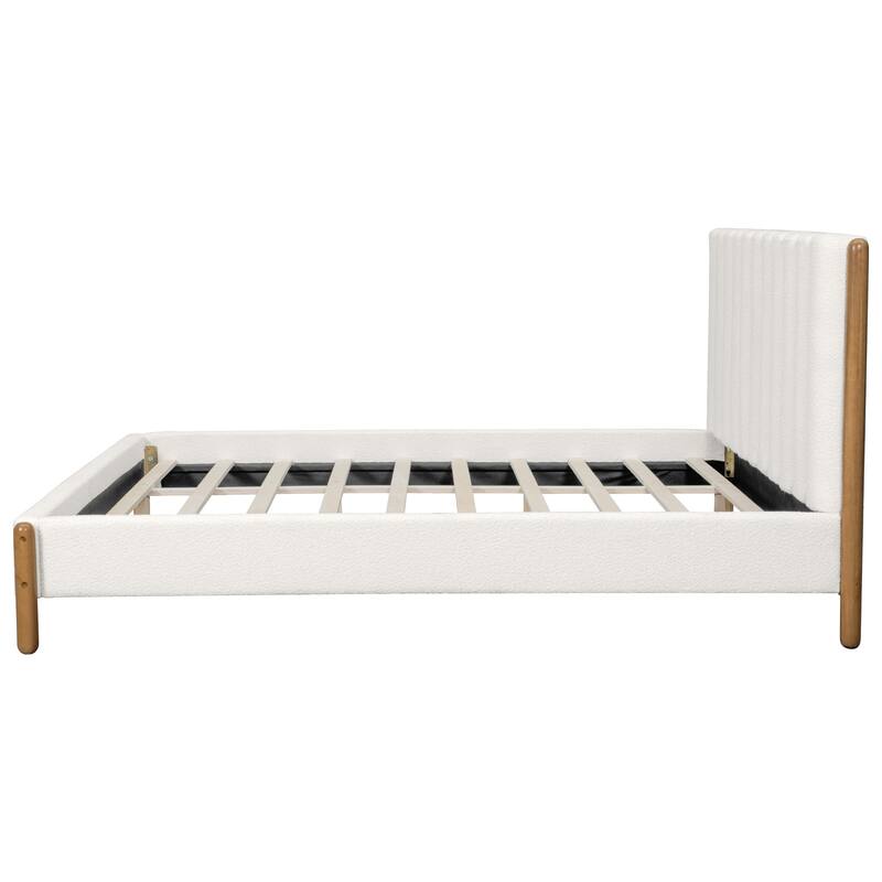 Boucle Upholstered Frame Bed, Vertical Stripes Thick Headboard Wingback Bed with Wood Slat Solid Wood Legs Support Platform Bed