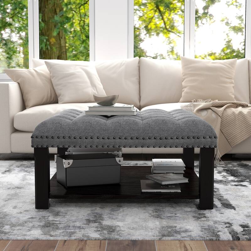 Transitional Linen Tufted Nailheads Cocktail Ottoman with Storage by Furniture of America