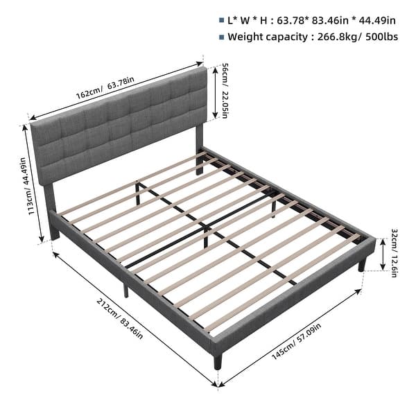 Queen Size Upholstered Platform Bed Linen Bed Frame with Lights Square