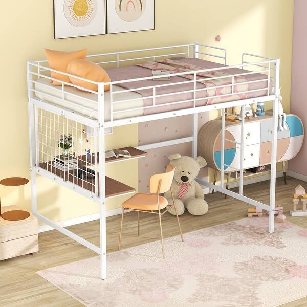 slide 2 of 20, Full Size Metal Frame Loft Bed with Built-in Wooden Desk, Metal Grid, Ladder and Guardrails White - Full