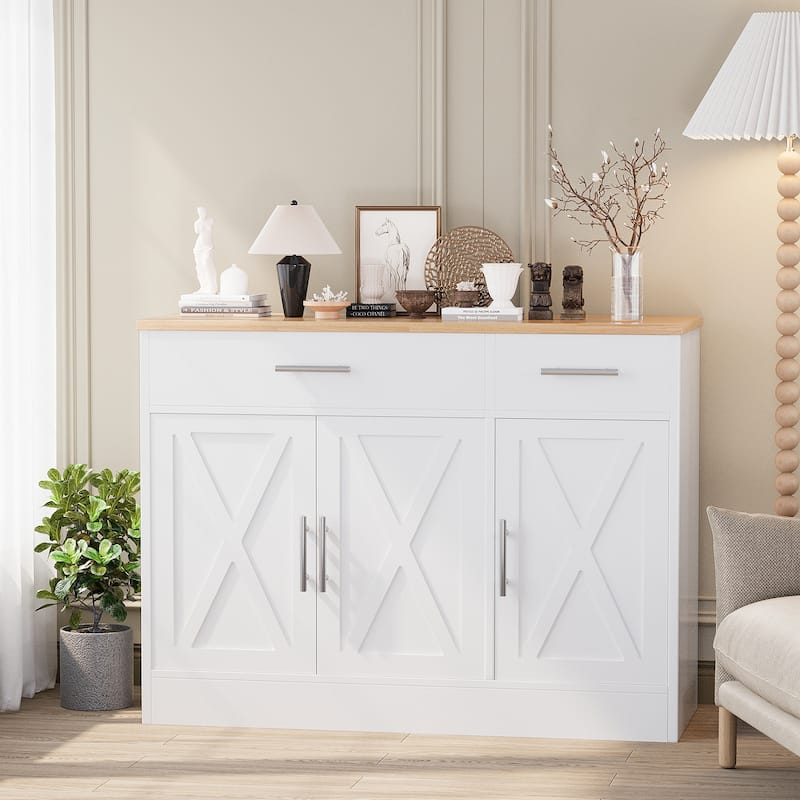 3-Door Buffet Sideboard Accent Cabinet - Multifunctional Organizer - White