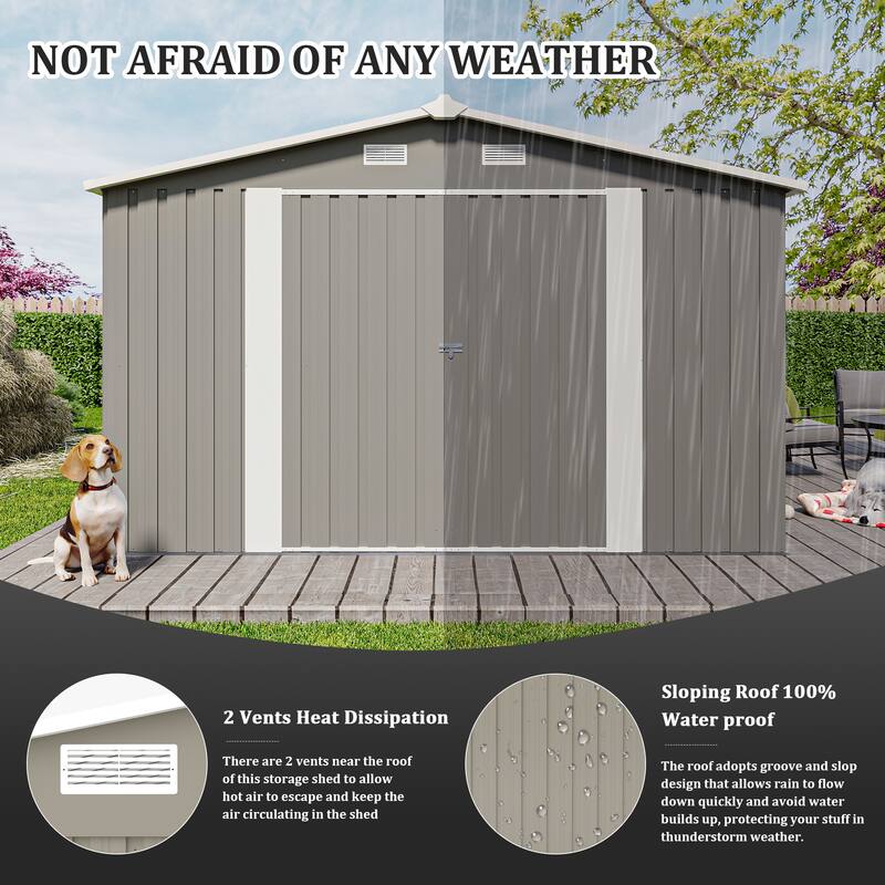 Campcraft Outdoor Storage Shed 10×14 FT with 3 Lockable Doors,4 Air Vents & Sloped Roof,Utility Tool Shed