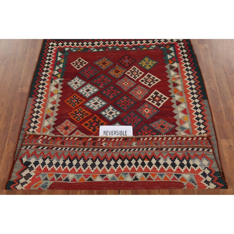 Tribal Kilim Qashqai Persian Vintage Rug Hand-Woven Red Wool Carpet - 5'0"x 6'8"