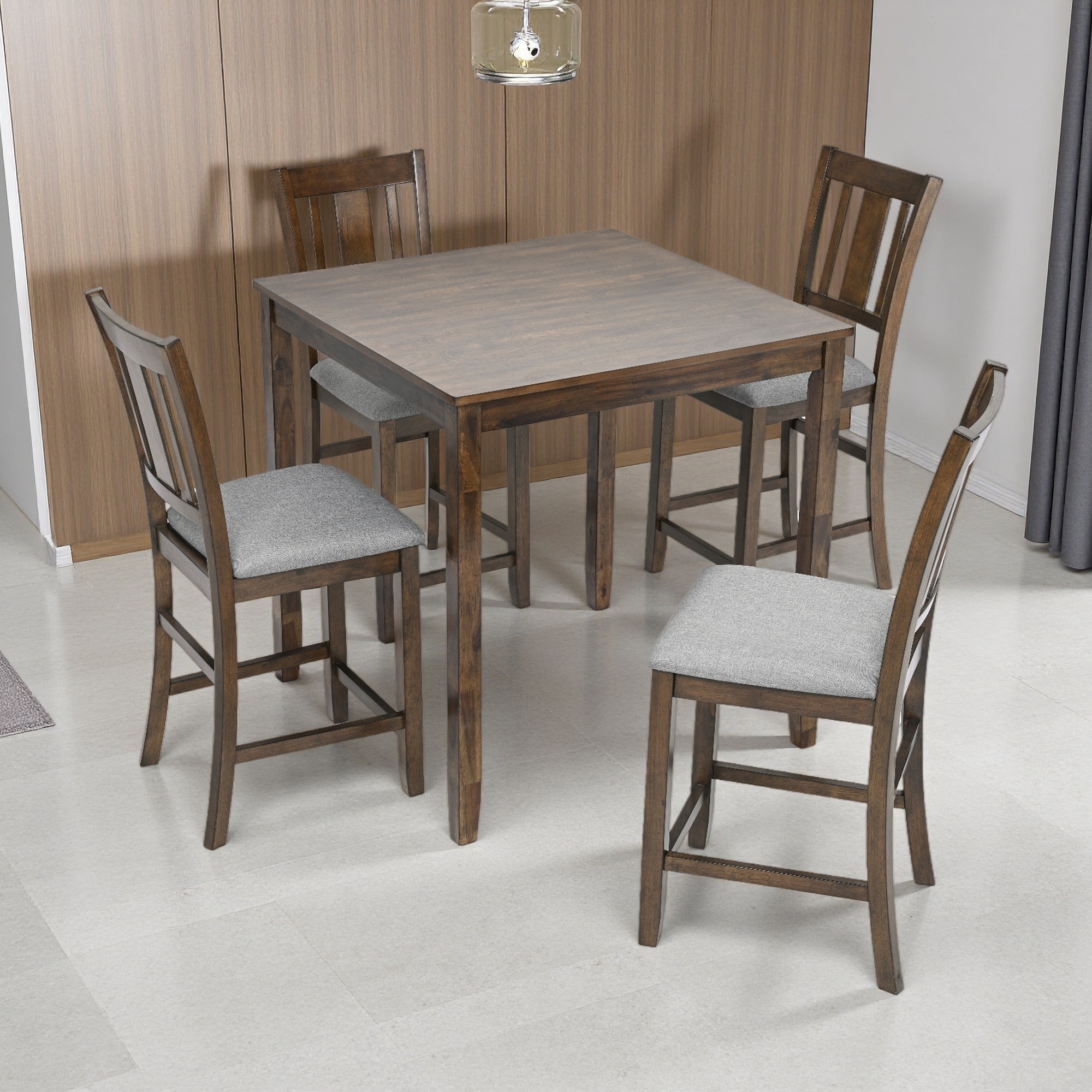 4-Person Size Wood & Cushion Space-Saving, Sturdy 5 Piece Dining Set with Counter Height Square Table & 4 Upholstered Chairs