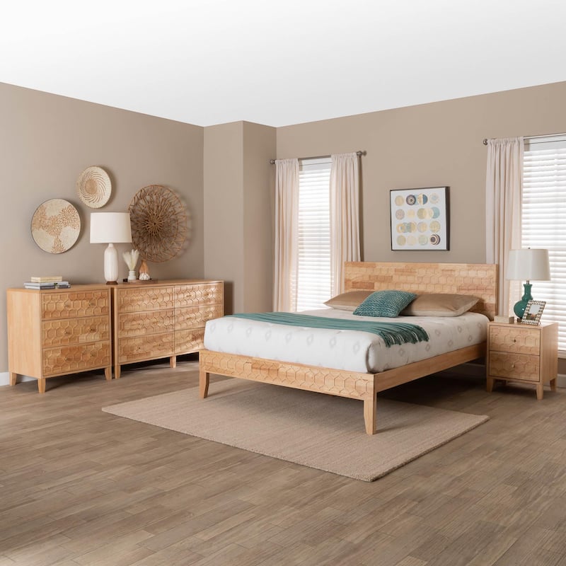 Hosea Japandi Carved Honeycomb Natural 4-Piece/5-Piece Bedroom Set (Multiple Bed Sizes)