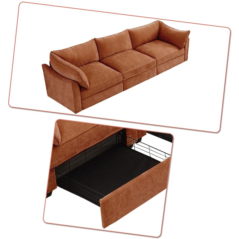 Chenille Fabric Upholstered Three-Seater Sofa with Three Under-Seat Drawers