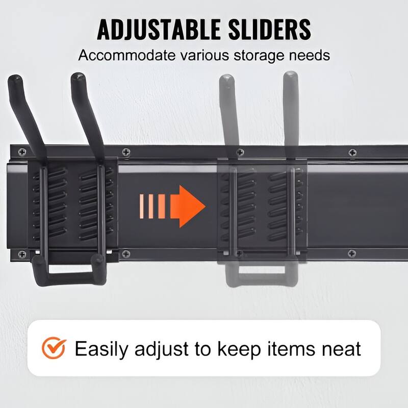 Black Carbon Steel Garage Tool Storage Rack, Wall Mount with Adjustable Hooks - 48.11” L x 4.92” W x 10.71” H