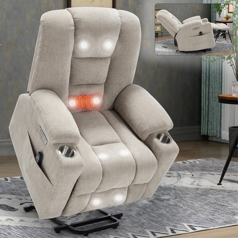 Large Power Lift Recliner with Massage & Heat - Heavy Duty Wide Recliner Chair for Elderly, USB/Type-C Charging, Cup Holders