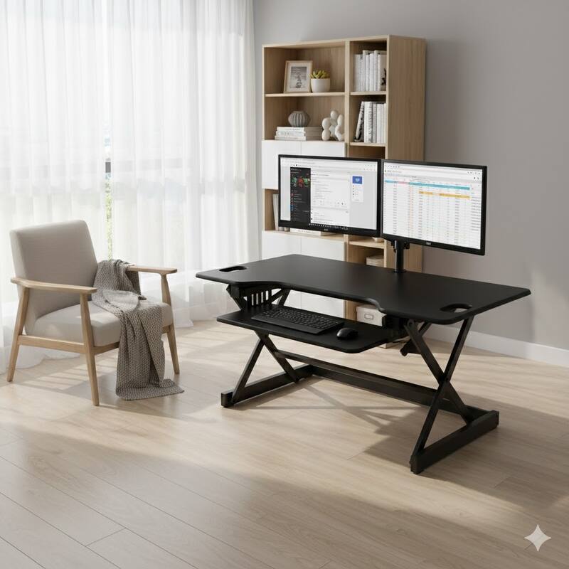 Rocelco 40 in. W Black Height Adjustable Standing Desk with Floor Stand and Gas Spring Assist Keyboard Tray Platform