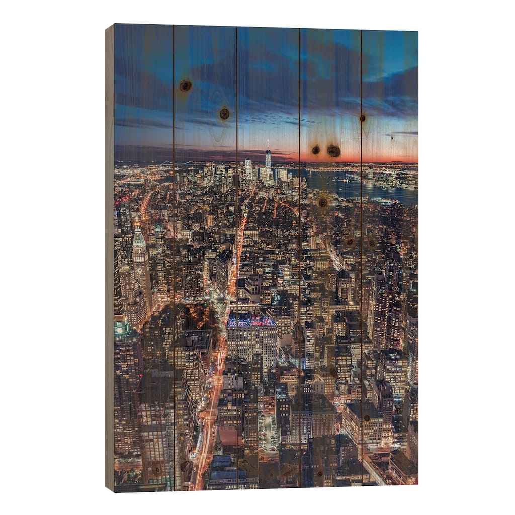 View Of Lower Manhattan At Night, New York City, Usa Print On Wood by Jan Becke - Multi-Color