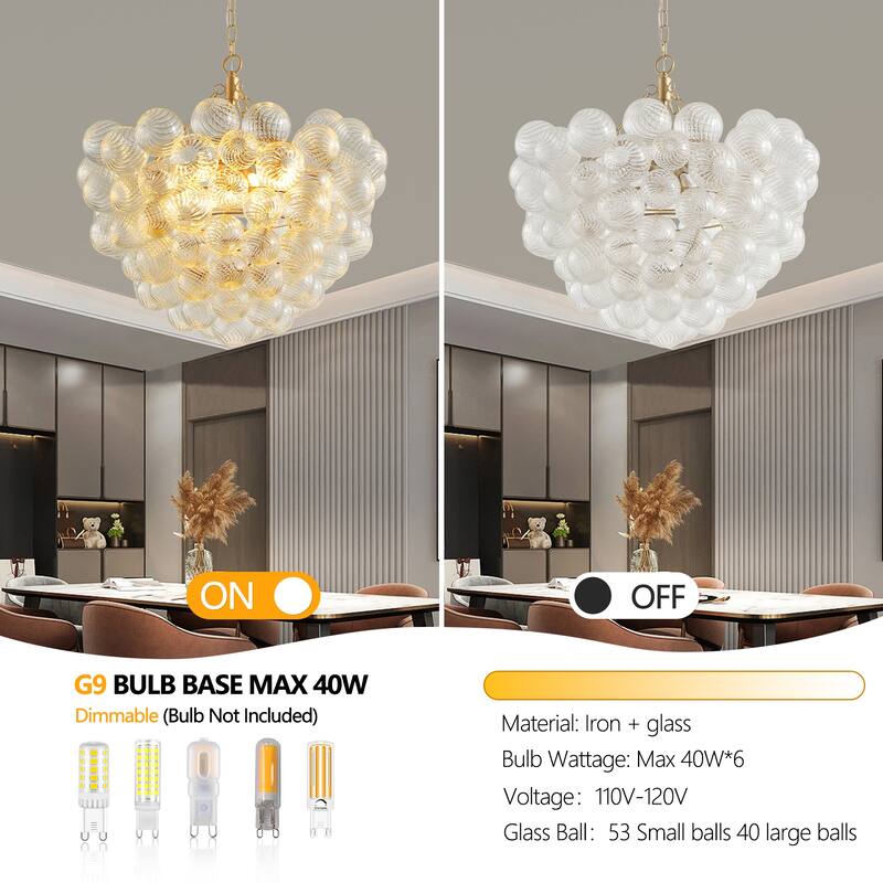 Modern Light Chandelier with Threaded Clear Glass Globe Shade Adjustable Height, for Living Room Dining Room, Kitchen