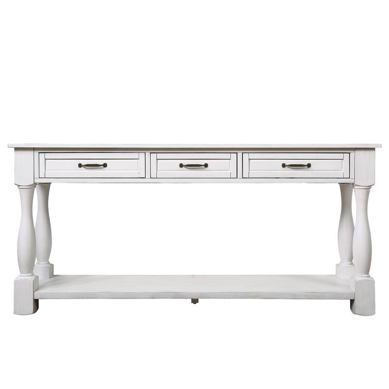 63 Inch Extra Long Console Table with 3 Drawers and Bottom Shelf, Solid Wood Entryway Sofa Table for Hallway, Living Room - Antique White