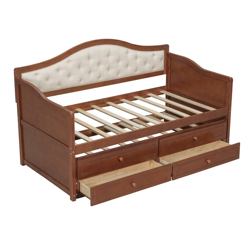Wooden Frame Day Bed, Twin Size Daybed with Trundle Bed, Upholstered Tufted Button Backrest Sofa Bed with 2 Storage Drawers