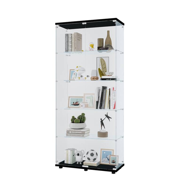 Glass Display Cabinet 5 Shelves Display Cabinet with Glass Doors, Floor Standing Curio Display Cabinet Trophy Display Case - Black