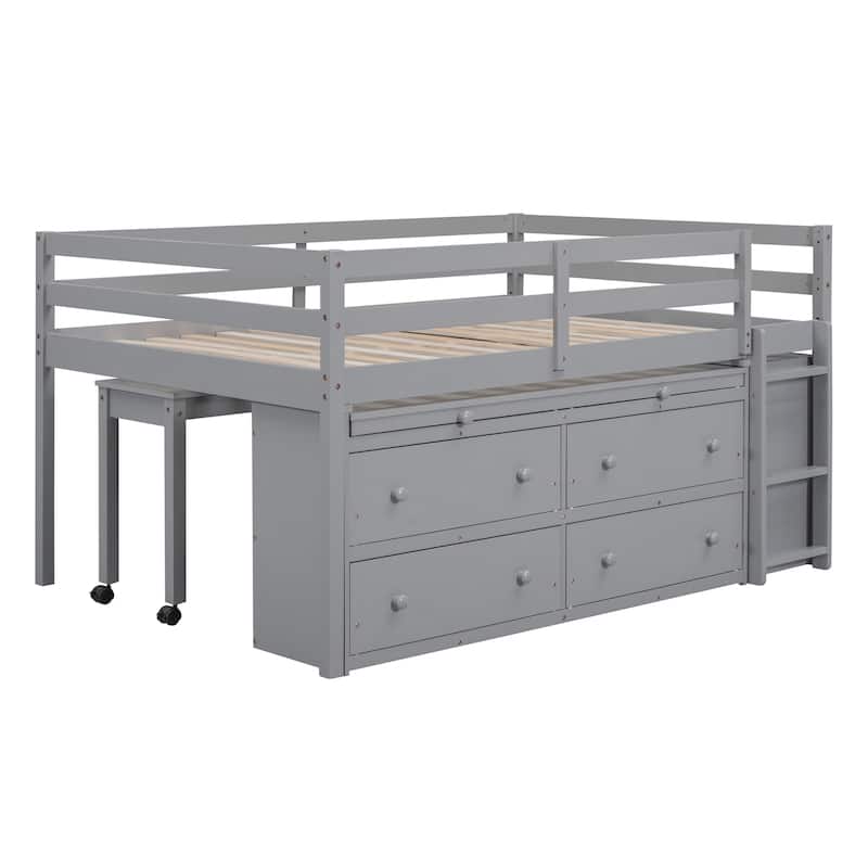 Full Size Loft Bed Frame with Retractable Writing Desk and 4 Drawers,Wooden Loft Bed with Lateral Portable Desk and Shelves