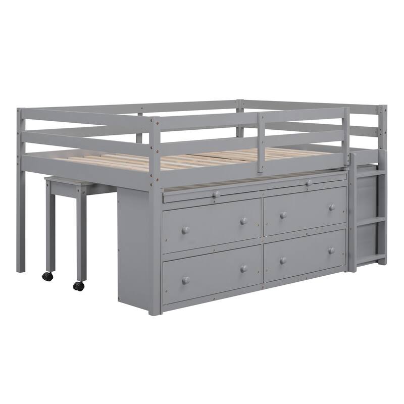 Solid Wood Loft Bed with Retractable Desk and Drawers