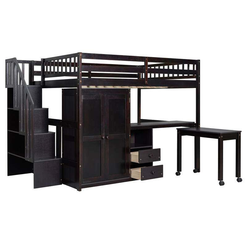Kids Loft Bed with Desk, Stairs, Wardrobe, Bookshelf & Storage Drawers - Multifunctional Space-Saving Furniture
