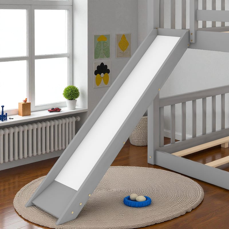 Twin Over Twin / Full Over Full Wooden Bunk Bed with Convertible Slide and Ladder, Guardrails, No Box Spring Needed