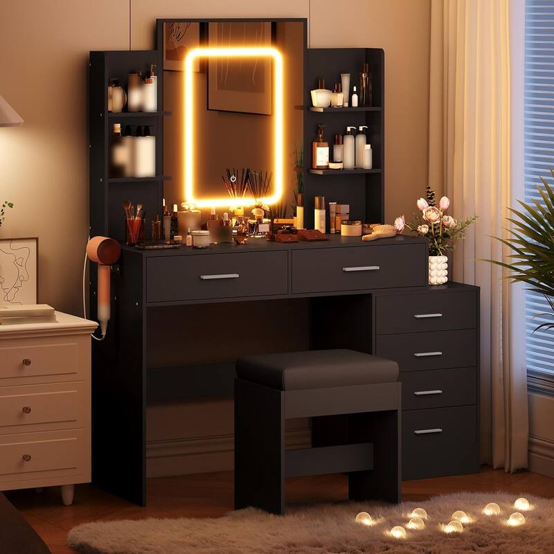 Vanity Desk with Mirror, LED Lights & Power Outlet, Makeup Table with 6 Drawers, 6 Shelves & Stool for Bedroom