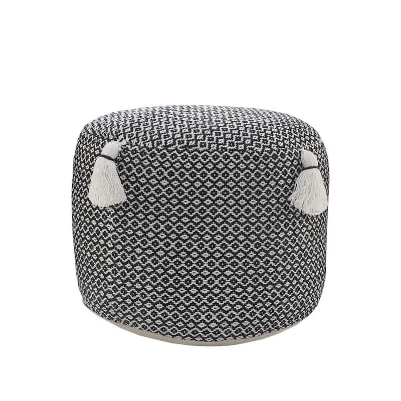 HomeRoots 18" Black Cotton Cylinder Geometric Pouf Ottoman