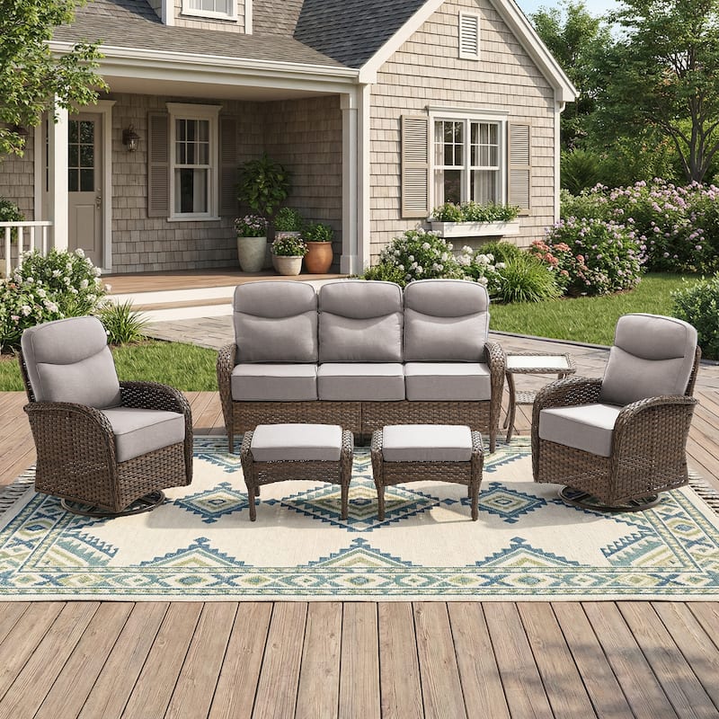 Pocassy Outdoor Sofa Swivel Chair and Ottman with Fire Pit Table - Brown Wicker Beige Cushion - 6-Piece Sofa Swivel Chiar with Ottoman