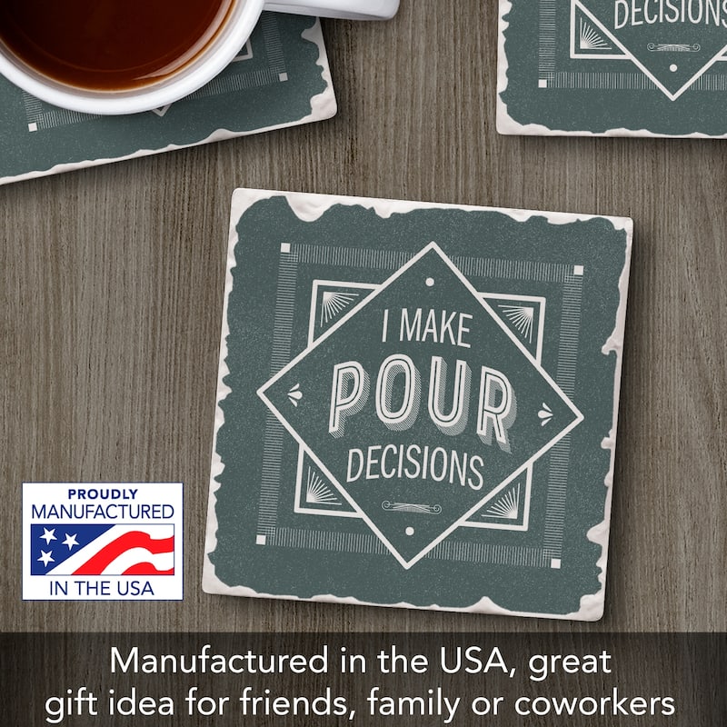 Pour Decisions 4 Pack Absorbent Stone Coasters with Cork Backing 4" Square Made in The USA Absorbent Wipes Clean