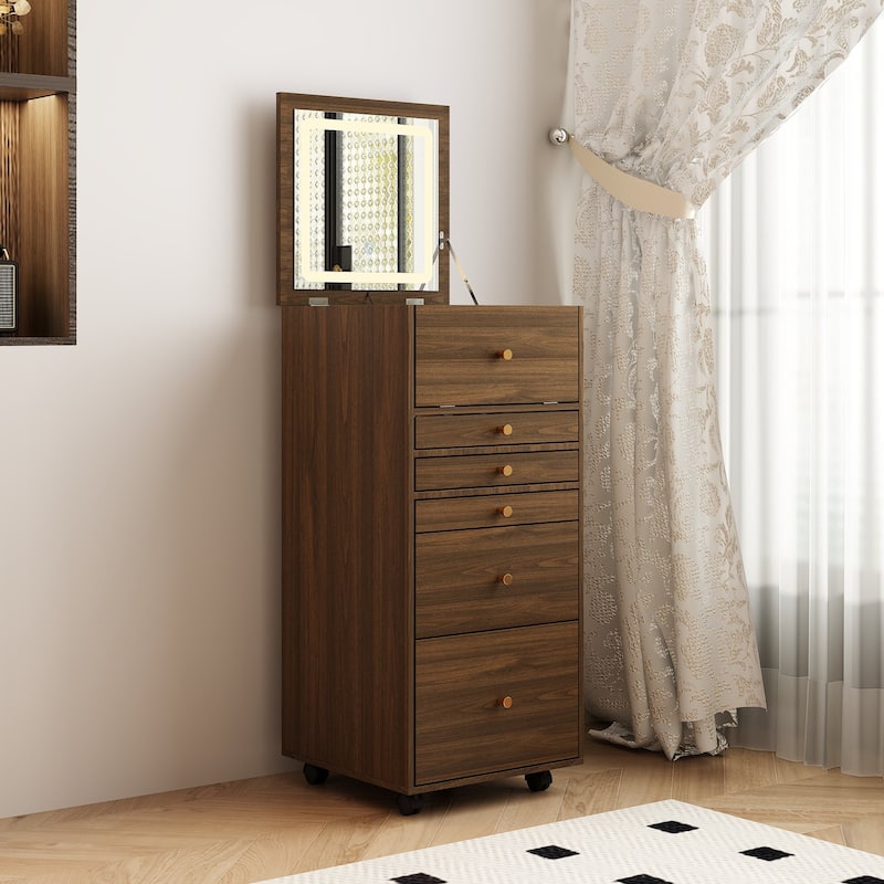 Rolling Makeup Vanity Cabinet with LED Light Mirror, Walnut Tall Dresser with 9-Grid Organizer, Drawers & Tilt-Out Storage
