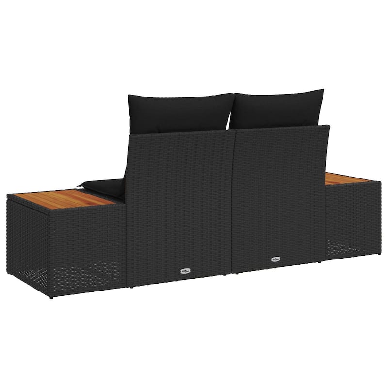 vidaXL 2-Seater Garden Sofa with Cushions Black Poly Rattan - 24.4 x 72.4 x 27.2