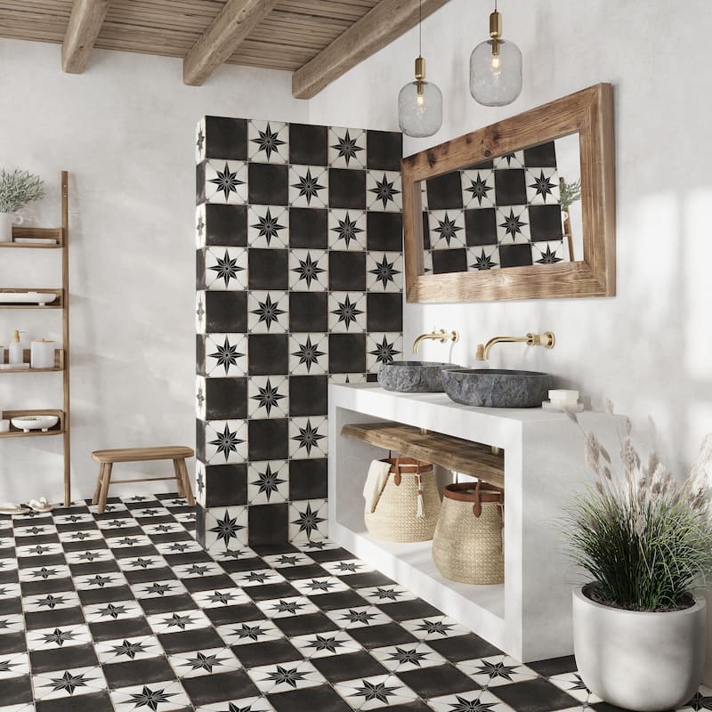 Faenza 8x8 White Black Porcelain Square Motif Wall and Floor Tile (6.46 sq ft/case) - 15 Pack