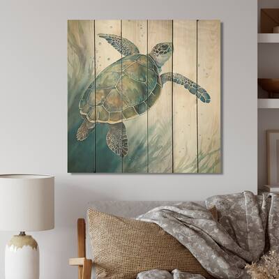 Designart 'Watercolor Turtle Swimming I' Animals Turtle Wood Wall Art - Natural Pine Wood