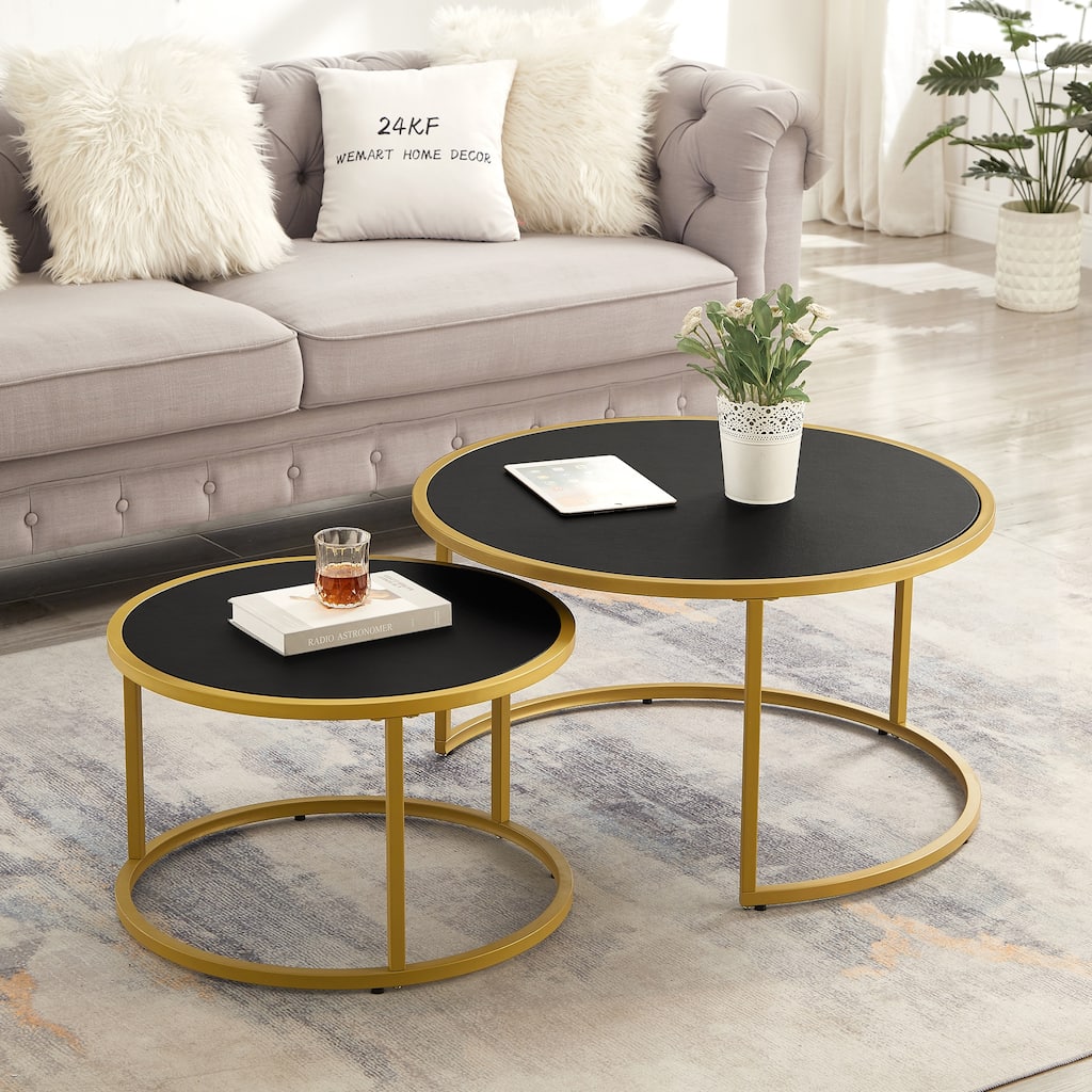 Modern Faux Leather Nesting Round Coffee Table with Golden Metal Base,Accent Tea Table for Living Room Set of 2