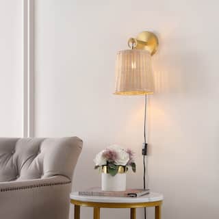 SAFAVIEH Lighting Ciaran Wall Sconce (Set of 2) - Brass/Natural Rattan - 8"W x 10"D x 13"H